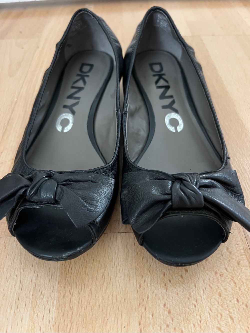 DKNY Black Leather Peep-Toe Bow Flats